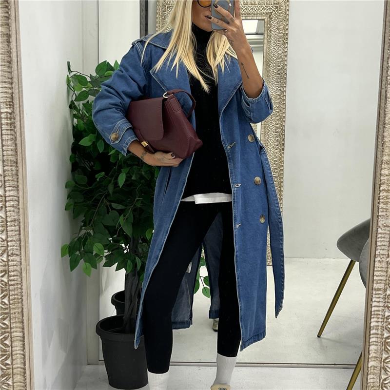 trench lungo doppio petto in jeans denim